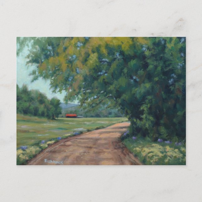 Carte Postale Route pittoresque avec Grange Rouge et Arbres (Devant)