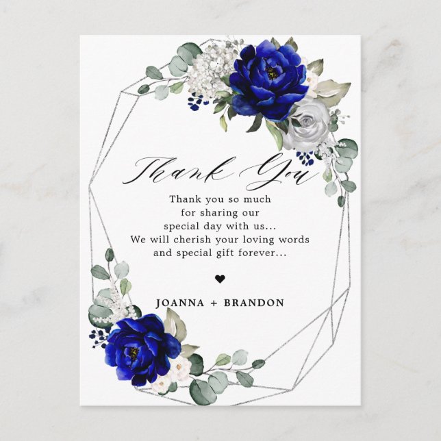 Carte Postale Royal bleu argent blanc Mariage géométrique Merci (Devant)