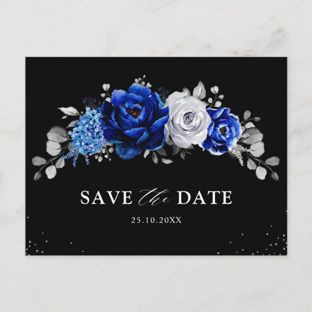 Carte Postale Royal Bleu Blanc Argent Floral Enregistrer la date (Devant)