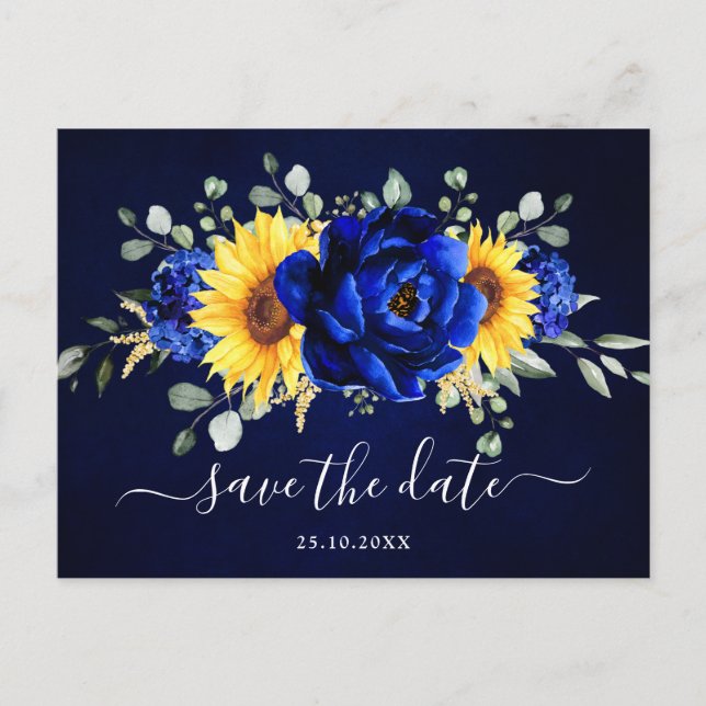 Carte Postale Royal Blue Rustic Tournesol moderne Enregistrer la (Devant)