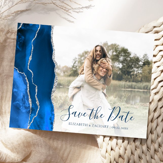 Carte Postale Royal Blue Silver Agate Custom Photo Save the Date (Créateur téléchargé)