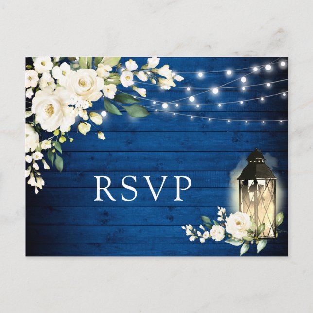 Carte Postale Royal Blue Wood Roses blanches Mariage rustique RS (Devant)