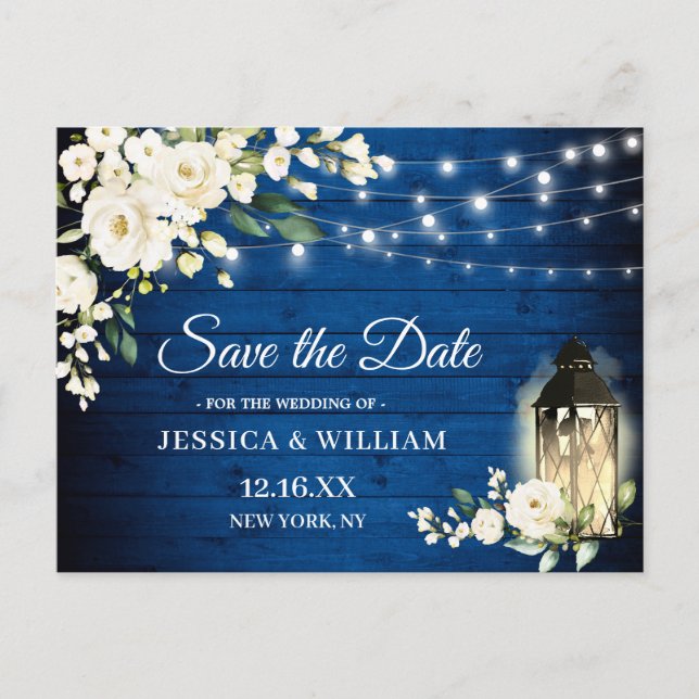 Carte Postale Royal Blue Wood Roses blanches Mariage Sauvez la d (Devant)