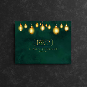 Carte Postale Royal Emerald Green Golden Lights Wedding RSVP