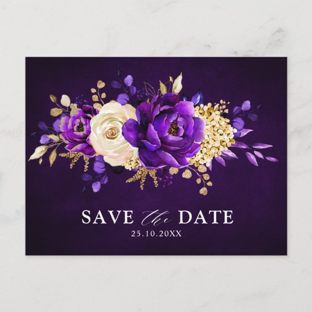 Carte Postale Royal Violet or Floral Enregistrer la date Pos (Devant)