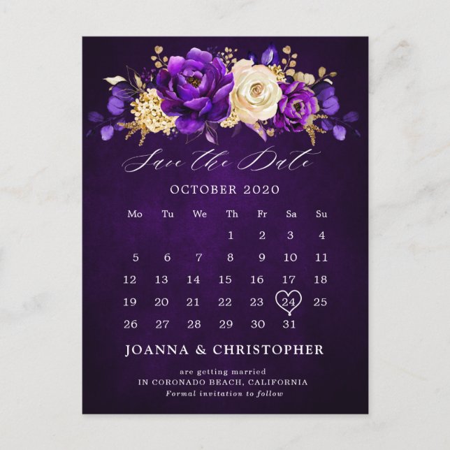 Carte Postale Royal violet violet or Floral Enregistrer la date  (Devant)