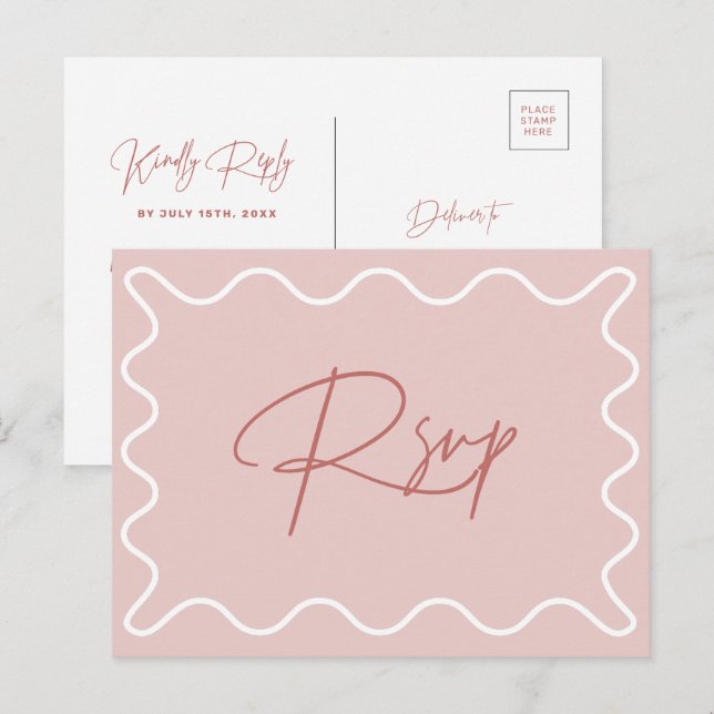 Carte postale RSVP à bordure rose et blanche (Devant / Derrière)