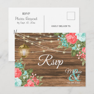 Carte Postale RSVP - Bois, Lanterne et Teal, Fleurs de mariage c