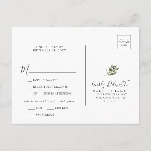Carte postale RSVP de la Branche d'olive moderne (Dos)