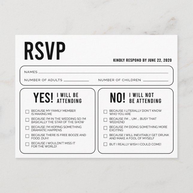 Carte postale RSVP de la réponse Mariage amusante (Devant)