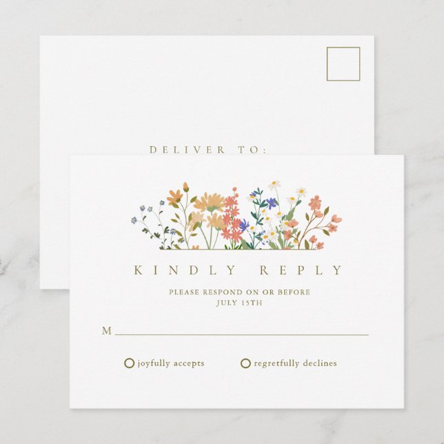 Carte Postale RSVP de mariage bohème aux fleurs sauvages d'été (Devant / Derrière)