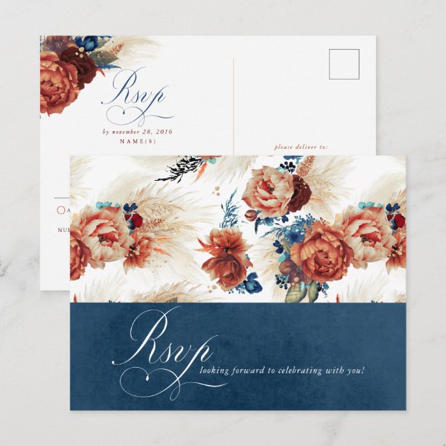 Carte Postale RSVP Mariage Bohème Floral en Terre Cuite Bleu Mar (Devant / Derrière)
