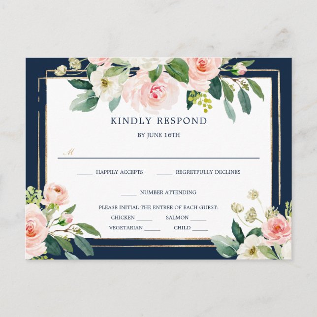 Carte postale RSVP Marine Blue Gold Blush Wedding (Devant)