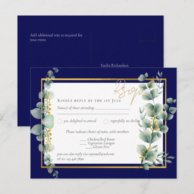 Carte Postale RSVP MARINE BLUE OR Vert Eucalyptus Mariage (Devant / Derrière)