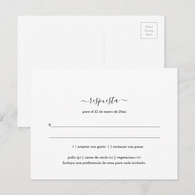Carte postale RSVP minimaliste espagnole (Devant / Derrière)