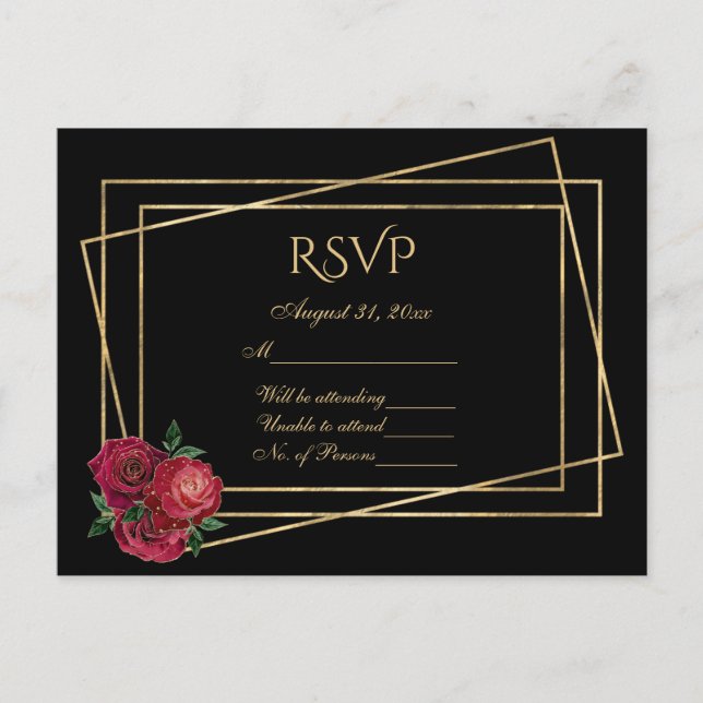 Carte Postale RSVP Noir et or avec Roses de reflet rouge profond (Devant)