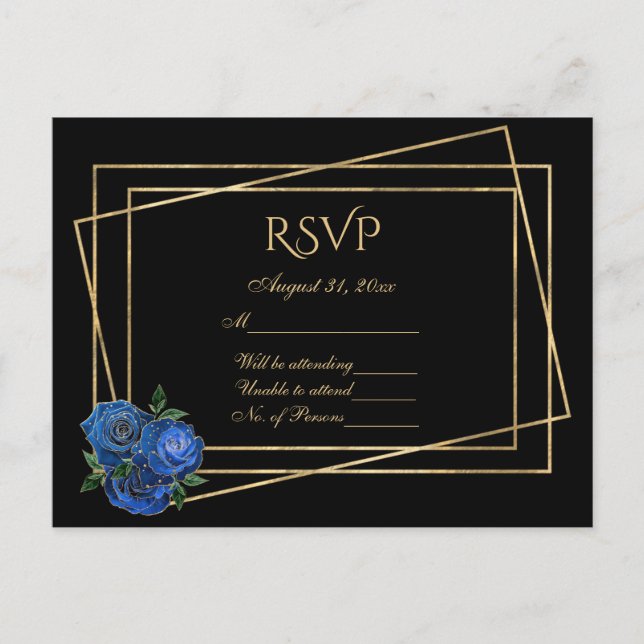 Carte Postale RSVP Noir et or avec Royal Blue Glam Roses (Devant)