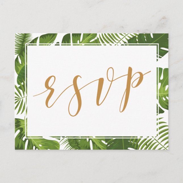 Carte postale RSVP, or tropical et mariage vert (Devant)