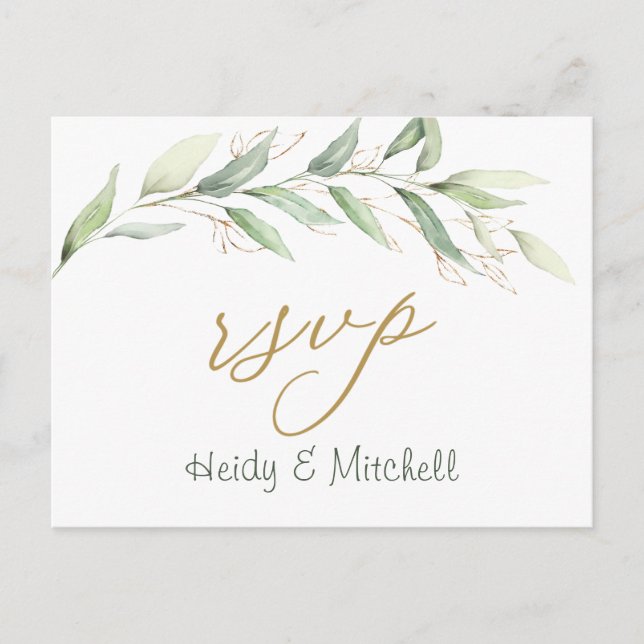 Carte postale RSVP pour feuillage vert et or (Devant)