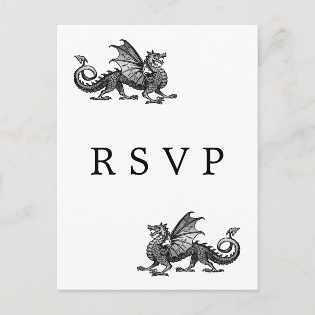 Carte postale RSVP pour mariage avec dragon d'arge (Devant)
