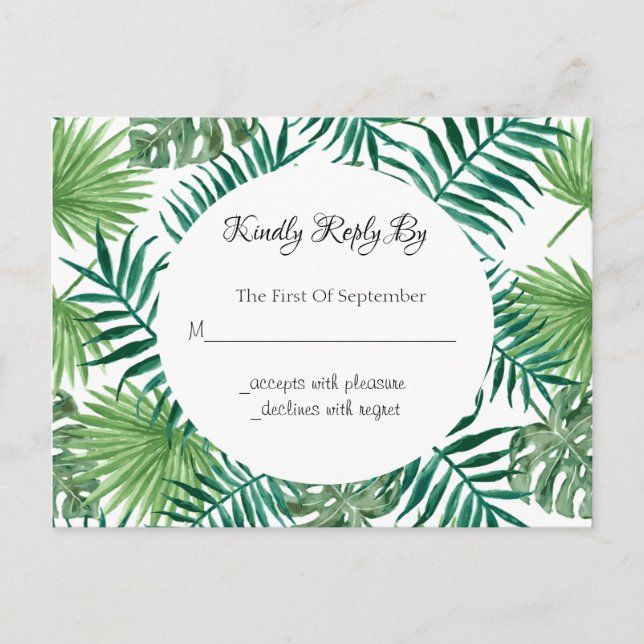 Carte postale RSVP pour mariage des palmiers Feuil (Devant)