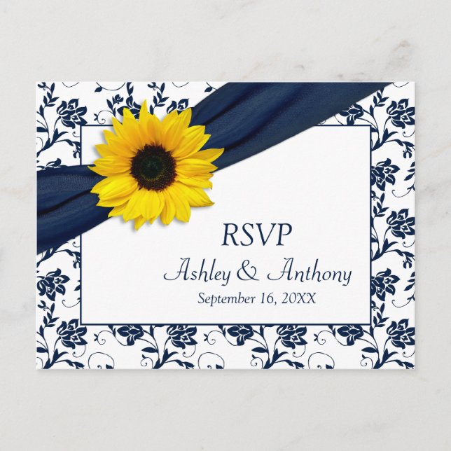 Carte postale RSVP Sunflower Navy Mariage damassé (Devant)