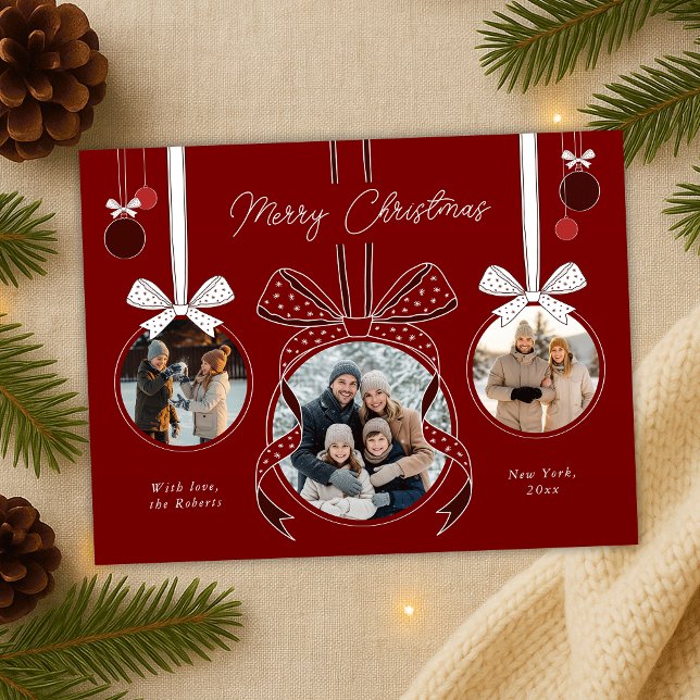 Carte Postale Ruban de l'ornement de Noël rouge Trois photos (elegant ribbons, bows and ball balls photo collage Christmas postcards in red and white)