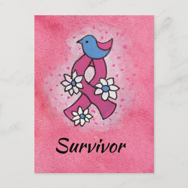 Carte Postale Ruban rose de cancer du sein survivant Oiseaux Fle (Devant)
