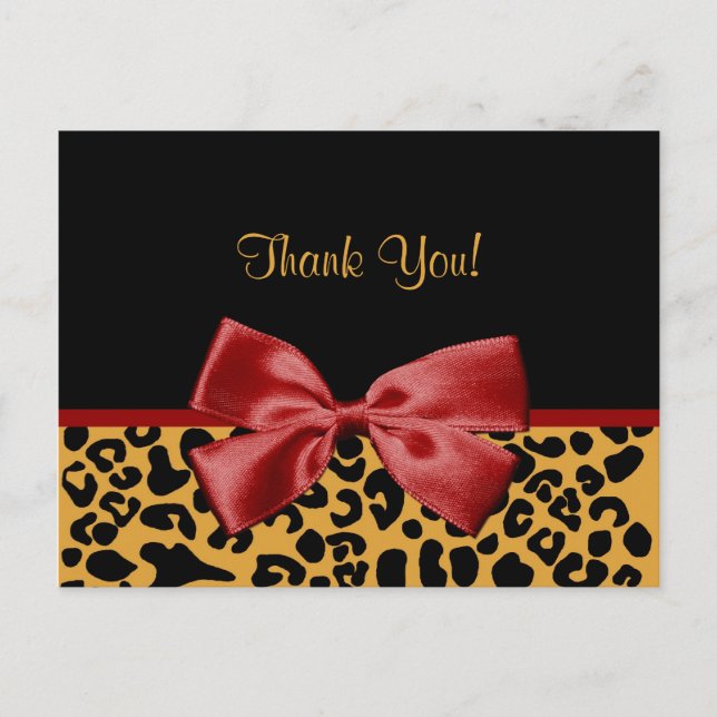 Carte Postale Ruban Rouge Leopard Noir Et Or Merci tendance (Devant)