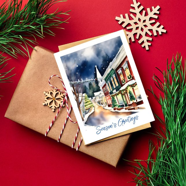 Carte Postale rue de Noël Joyeuses Fêtes Californie (Season's greetings Christmas snowy winter Nevada City California watercolor postcard)
