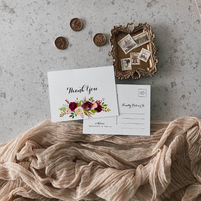 Carte Postale Russe Blush Bourgogne Floral Merci de calligraphie (Créateur téléchargé)