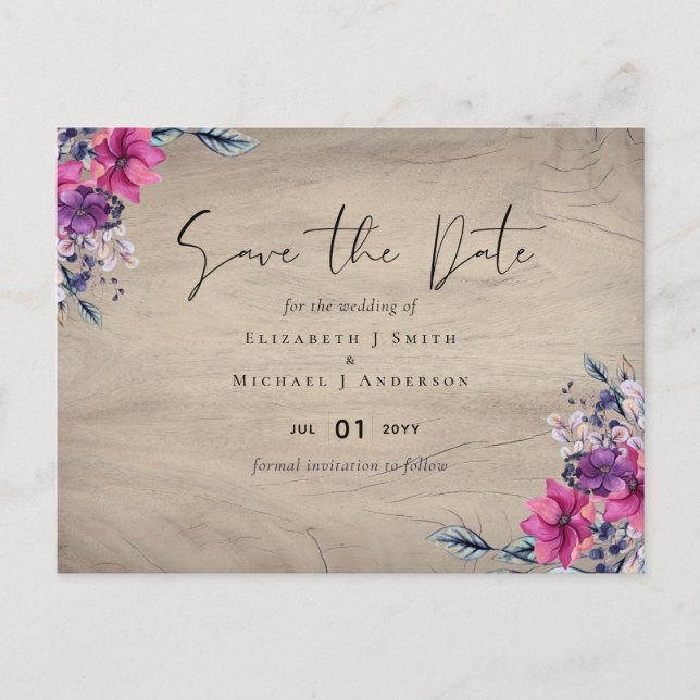 Carte Postale Russe Fuchsia Floral Woodland Mariage Dates de sau (Devant)