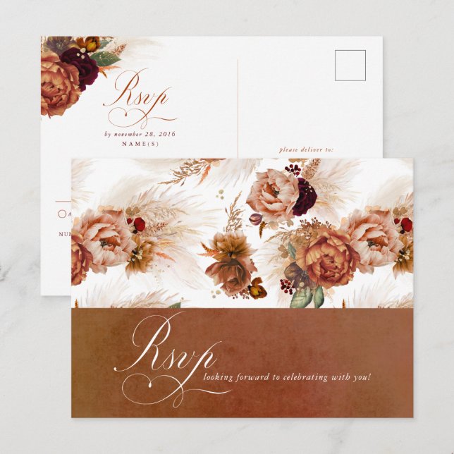 Carte Postale Rust Terracotta Floral Pampas Mariage Grass RSVP (Devant / Derrière)