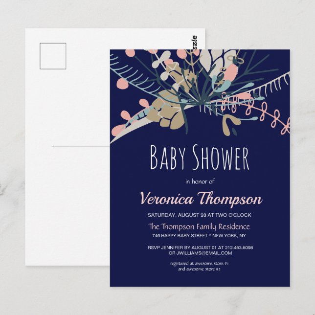 Carte Postale Rustic Blue & Pastel Baby shower botanique Invitat (Devant / Derrière)
