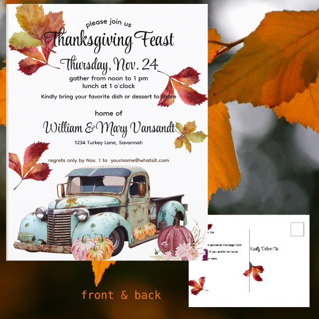 Carte Postale Rustic Blue Truck Thanksgiving Invit (Créateur téléchargé)