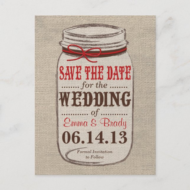 Carte postale 'Rustic Burlap & Mason Jar Save the  (Devant)