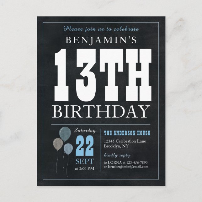 Carte Postale Rustic Chic Chalkboard Blue Balloon 13e anniversai (Devant)