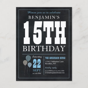 Carte Postale Rustic Chic Chalkboard Blue Balloon 15e anniversai