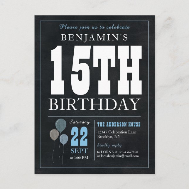 Carte Postale Rustic Chic Chalkboard Blue Balloon 15e anniversai (Devant)