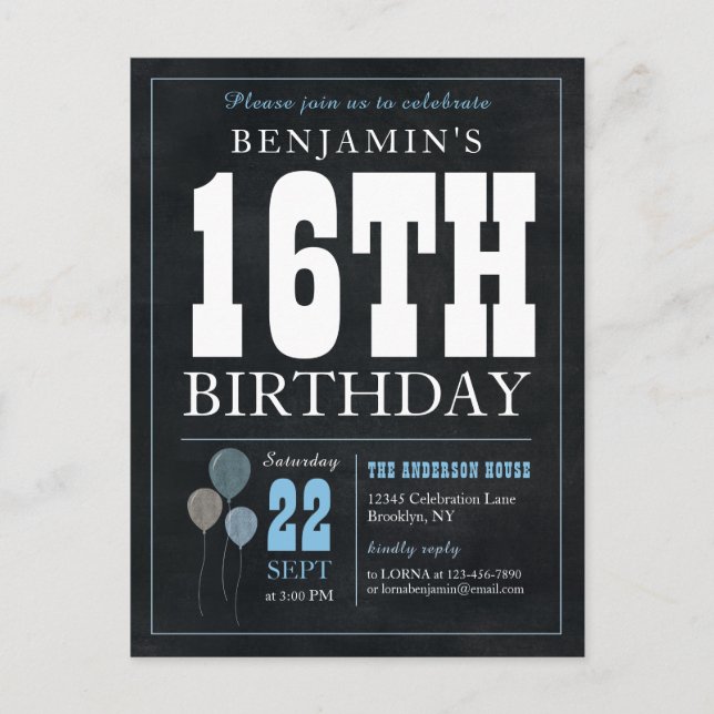 Carte Postale Rustic Chic Chalkboard Blue Balloon 16e anniversai (Devant)