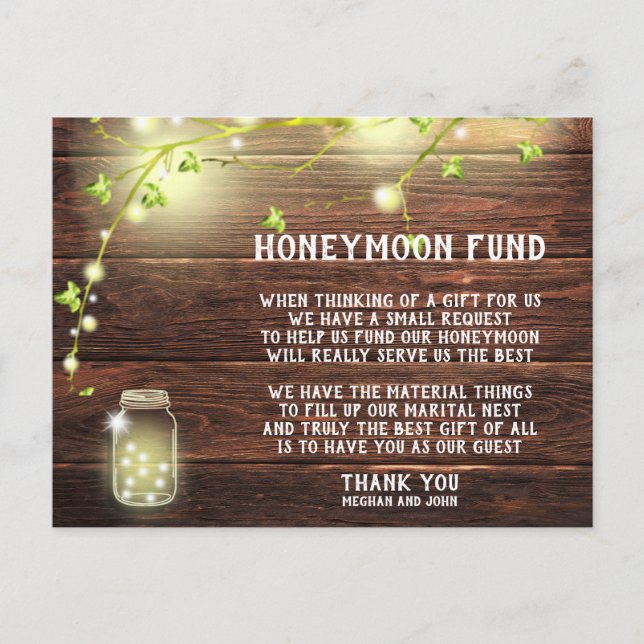 Carte Postale Rustic Country Mason String Lights Honeymoon Fund (Devant)