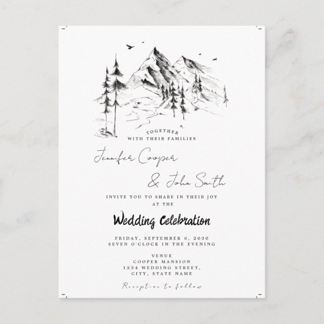 Carte Postale Rustic Forest Mountain Sketch Destination Mariage (Devant)