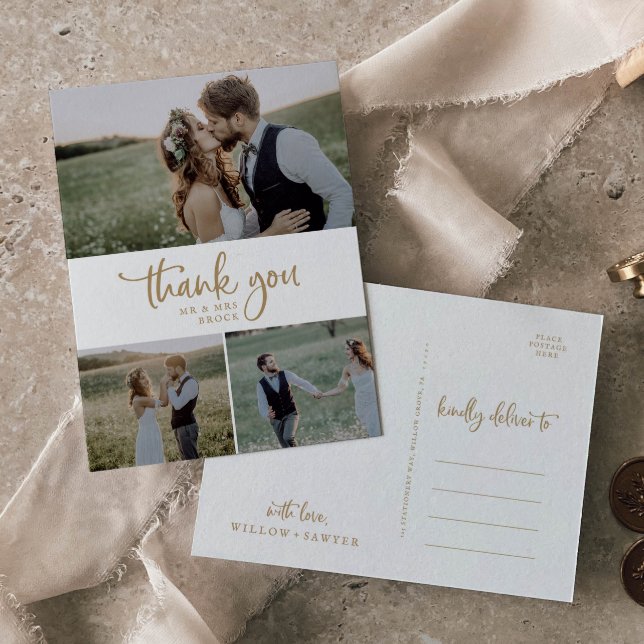 Carte Postale Rustic Gold 3 Photo Collage Mariage Merci (Créateur téléchargé)