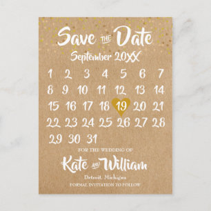 Carte Postale Rustic Kraft Gold Heart Calendrier Enregistrer la 