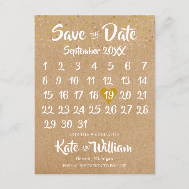 Carte Postale Rustic Kraft Gold Heart Calendrier Enregistrer la  (Devant)