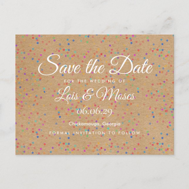 Carte Postale Rustic Kraft Rainbow Confetti Enregistrer la date (Devant)