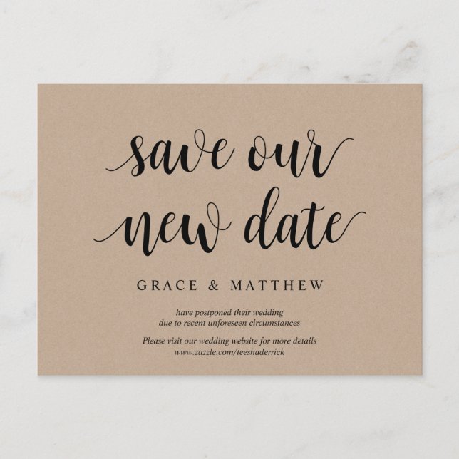 Carte Postale Rustic Kraft, Sauvez notre nouvelle date, mariage  (Devant)