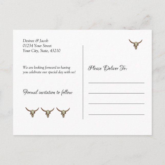 Carte Postale Rustic Mariage Western Bull Skull Enregistrer La D (Dos)