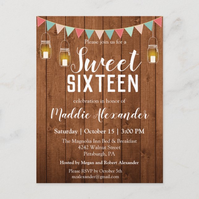 Carte Postale Rustic Mason Jar Lights Sweet 16 Anniversaire Fête (Devant)