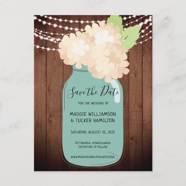 Carte Postale Rustic Mason Jar Wedding Wedding Enregistrer la Da (Devant)